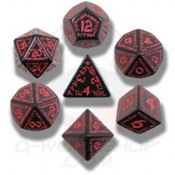 // ENSEMBLE 7 DÉS POLYÉDRIQUES RUNIQUES NOIRES AVEC CHIFFRES ROUGES